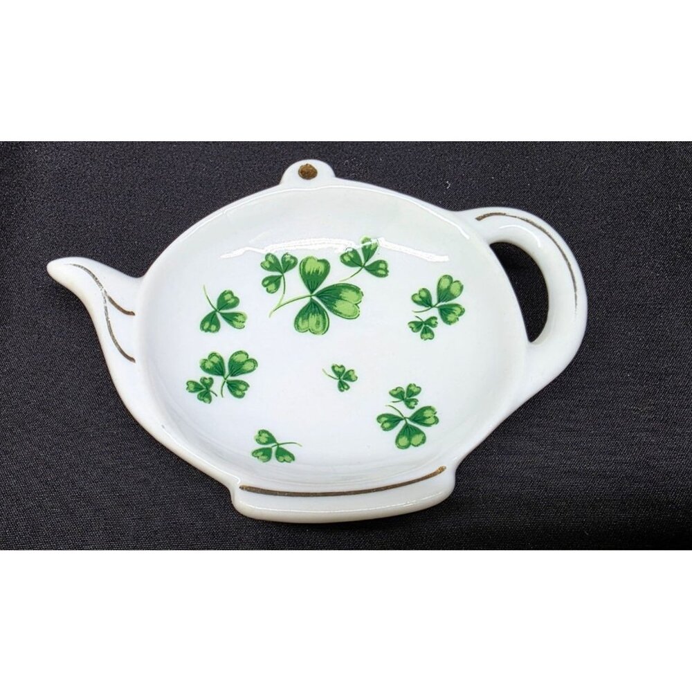 Vintage Lefton Tea Pot Shaped Dish St Patrick Day Clover Shamrock Trinket Dish